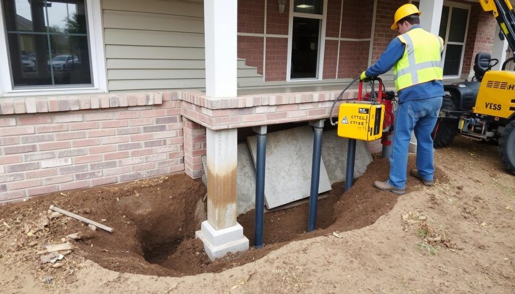 Foundation repair specialists installing steel piers in Montgomery TX