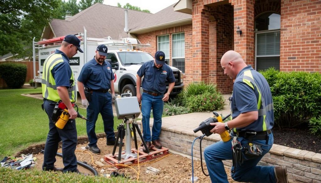 Professional foundation repair team working on a Montgomery TX home