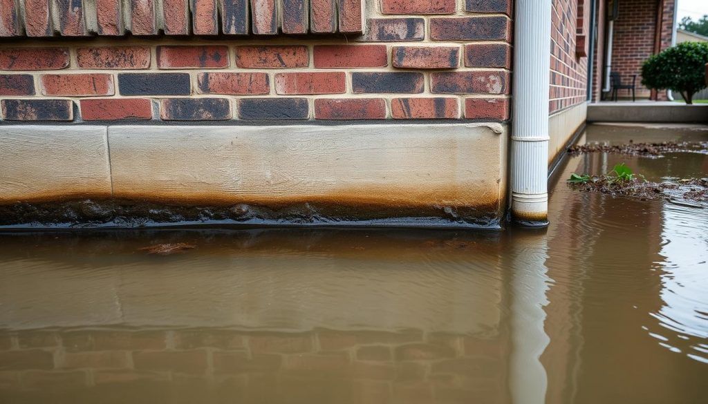 Water pooling around a home foundation in Montgomery TX after rain