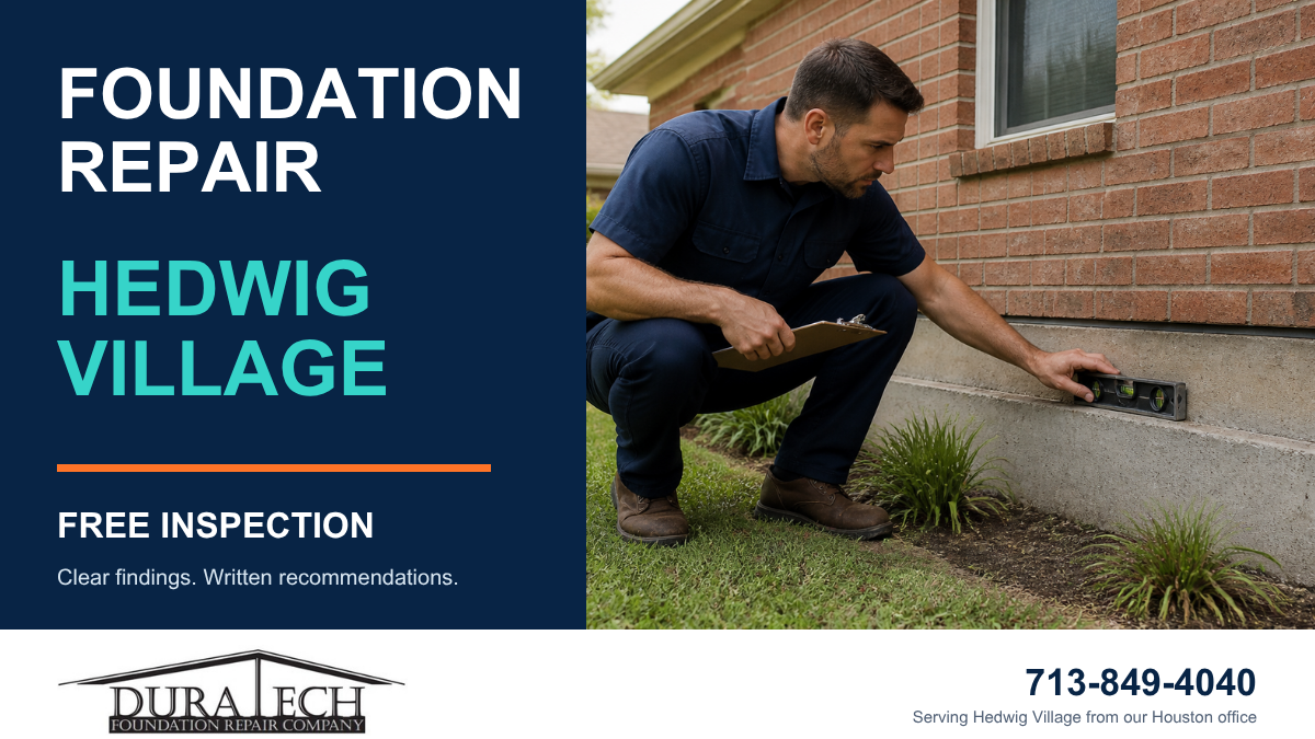 Branded DuraTech foundation-repair graphic for Hedwig Village