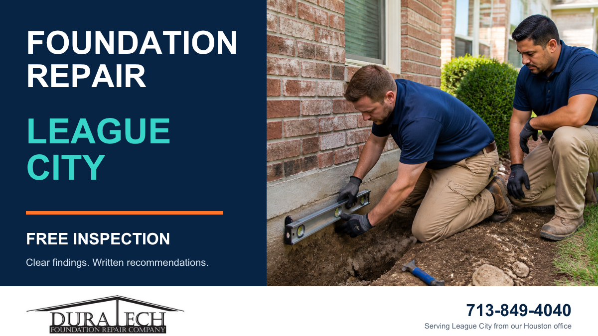 Branded DuraTech foundation-repair graphic for League City