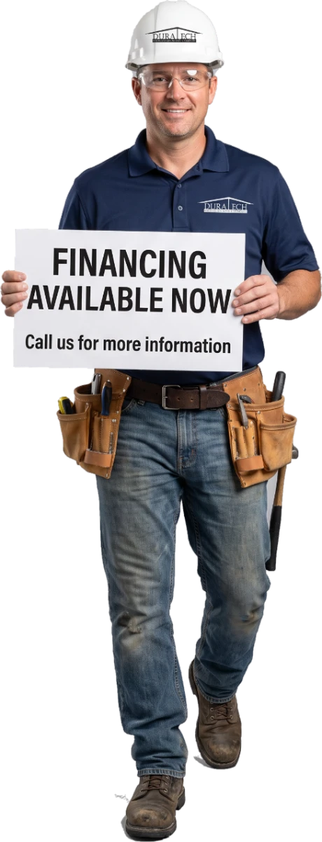 Duratech crew foreman holding a sign that reads Financing Available Now &mdash; call us for more information