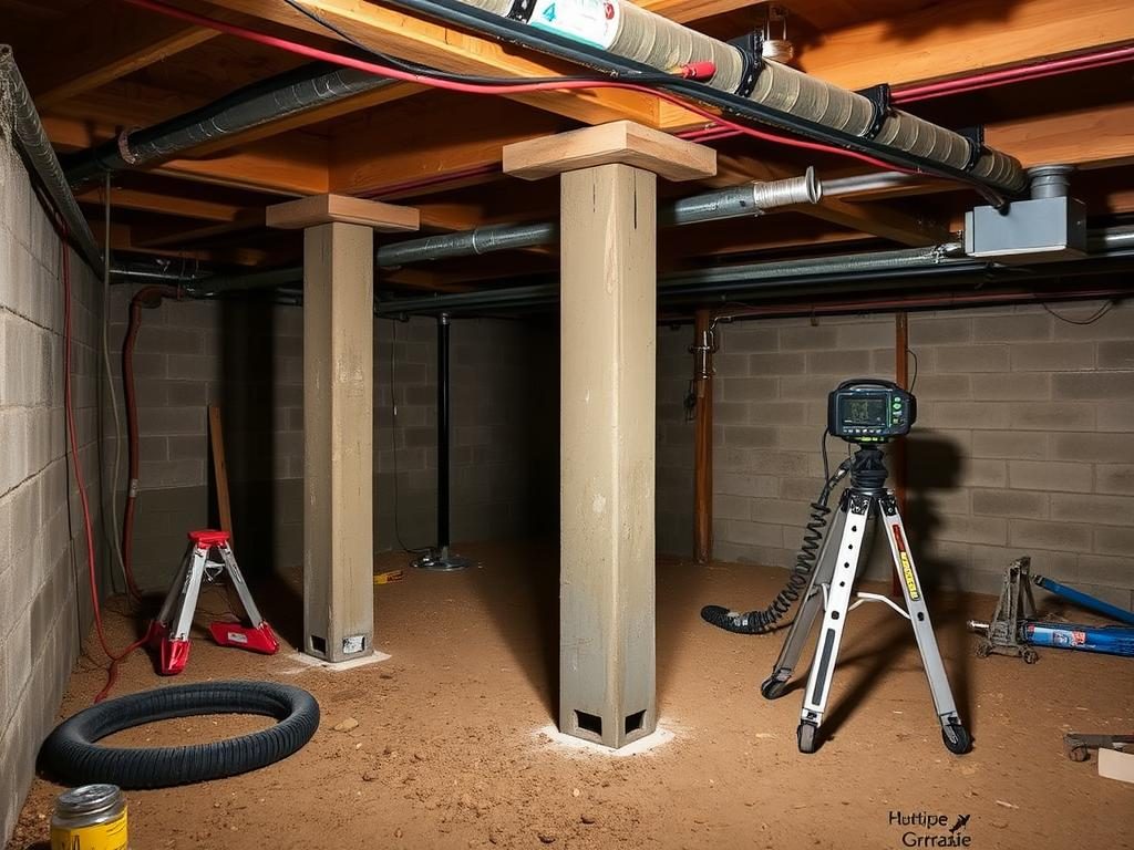 Pier and beam foundation repair work showing crawlspace access