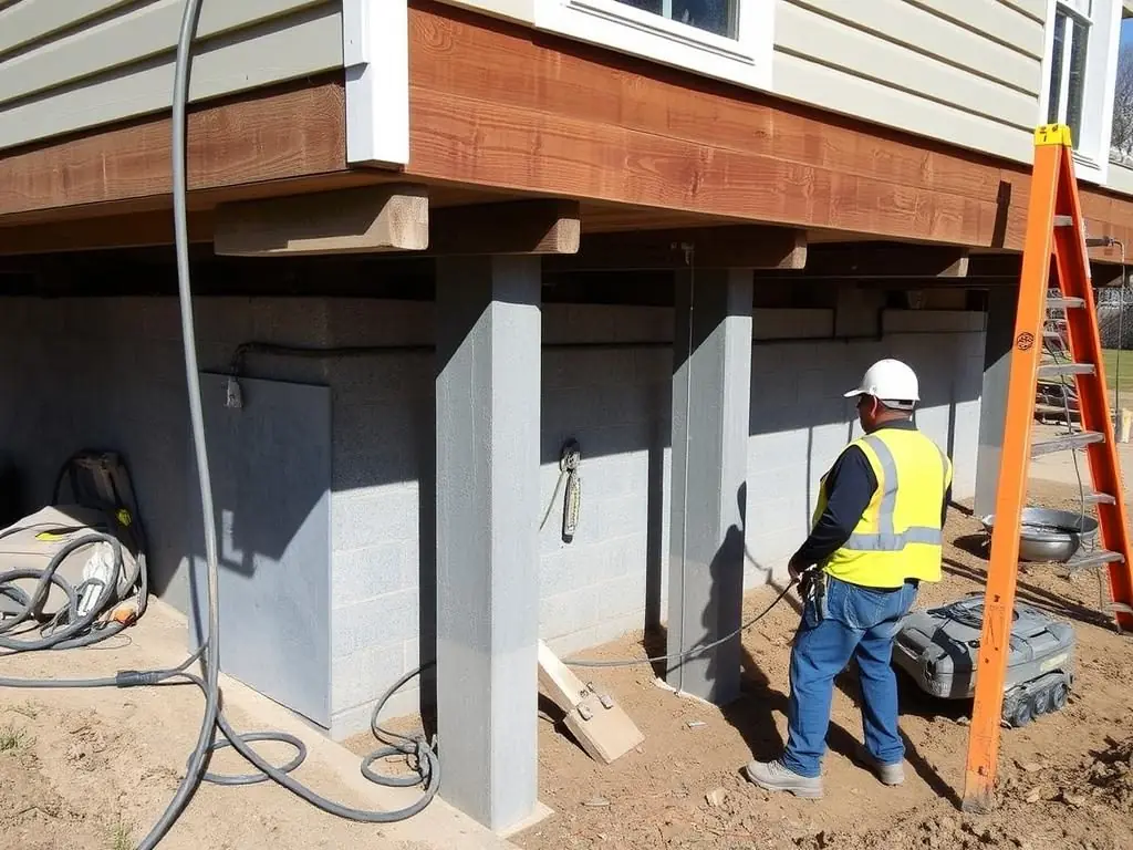 Slab foundation repair process showing pier installation in a Houston home