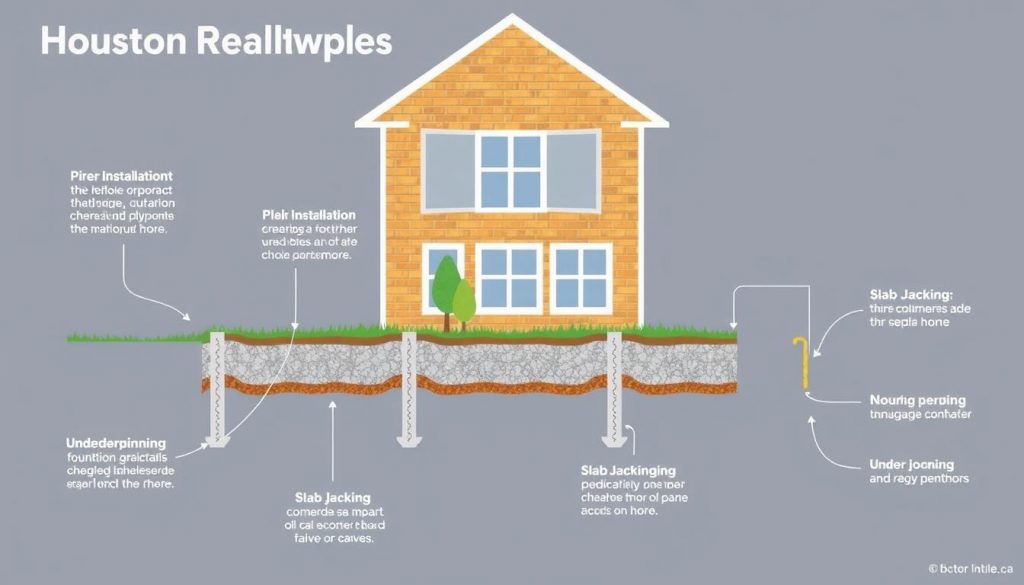Diagram showing different foundation repair methods for Houston homes