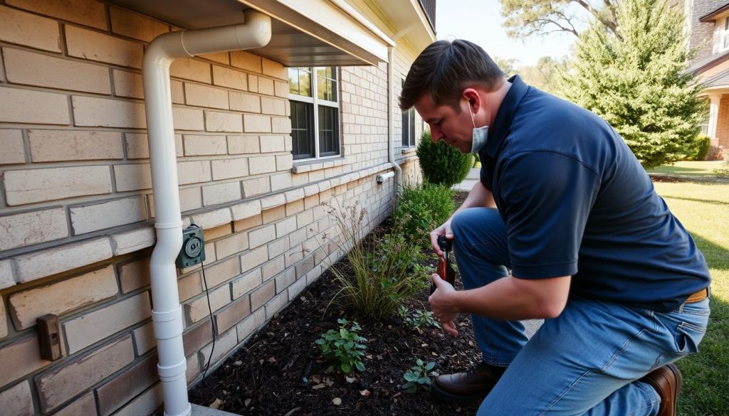 Houston homeowner inspecting foundation drainage system
