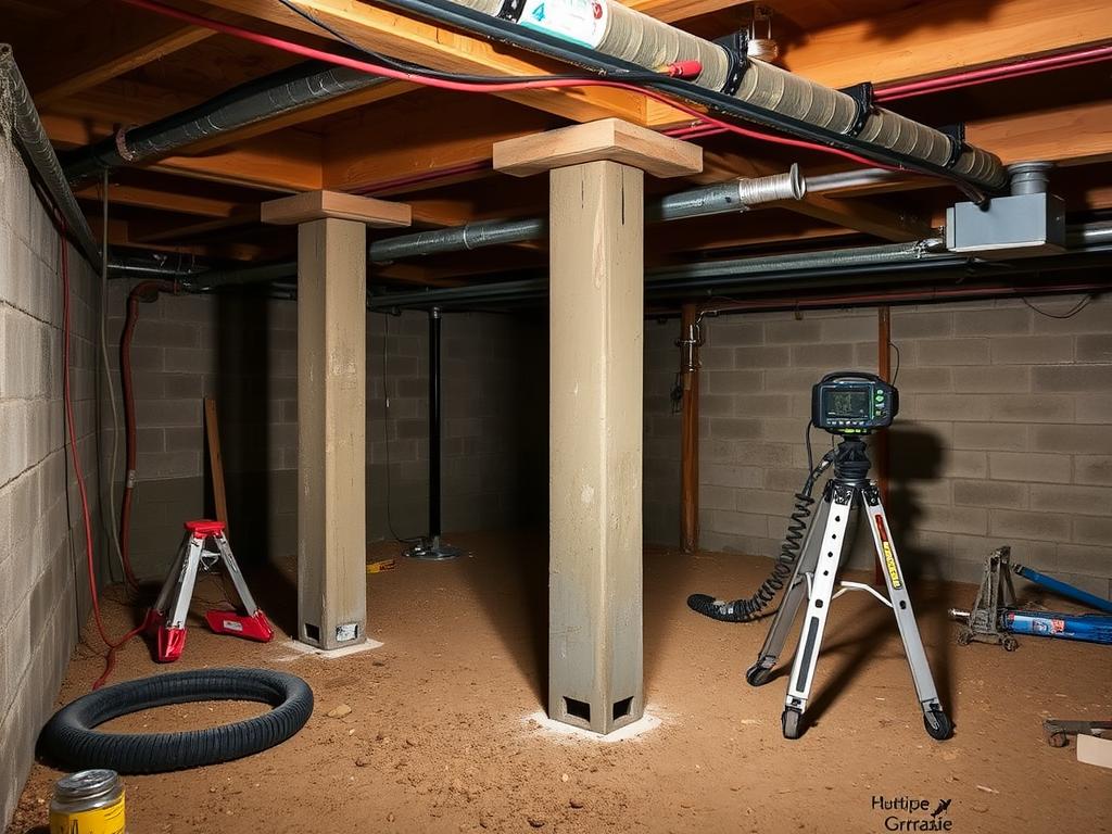Pier and beam foundation repair showing crawl space work