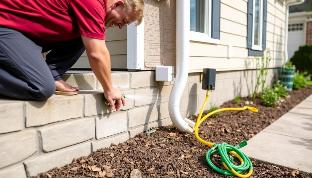 Seasonal foundation maintenance guide showing inspection of a home foundation