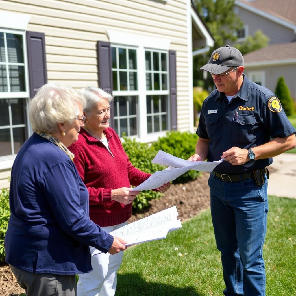 Senior couple reviewing foundation repair results with Duratech technician