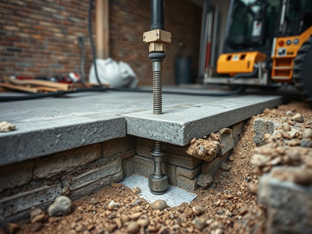 Slab foundation repair process in Houston showing installation of piers