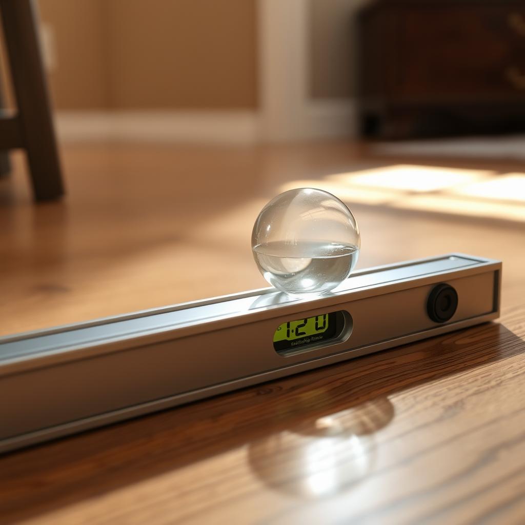 Level placed on an uneven floor showing slope due to foundation issues