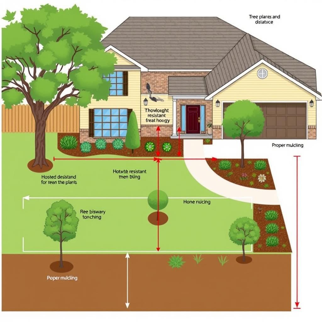 Proper landscaping layout showing safe distance of trees from a home foundation