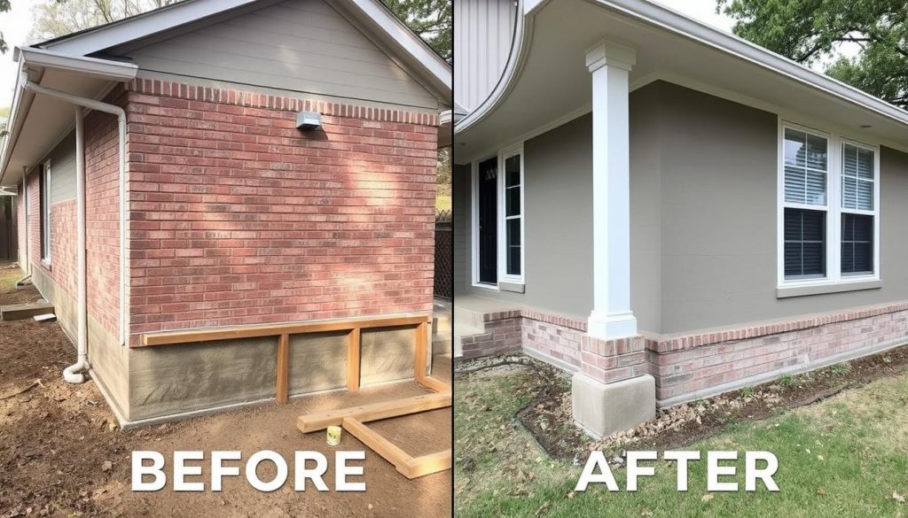 Before and after of a repaired foundation in Bellaire by Duratech