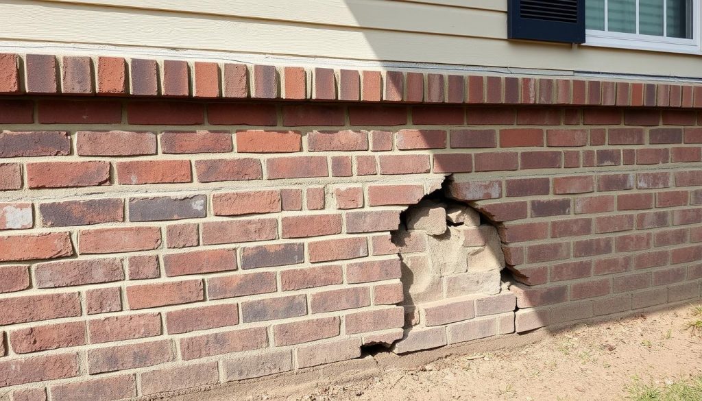 Cracked foundation wall in a Bellaire home showing signs of foundation damage