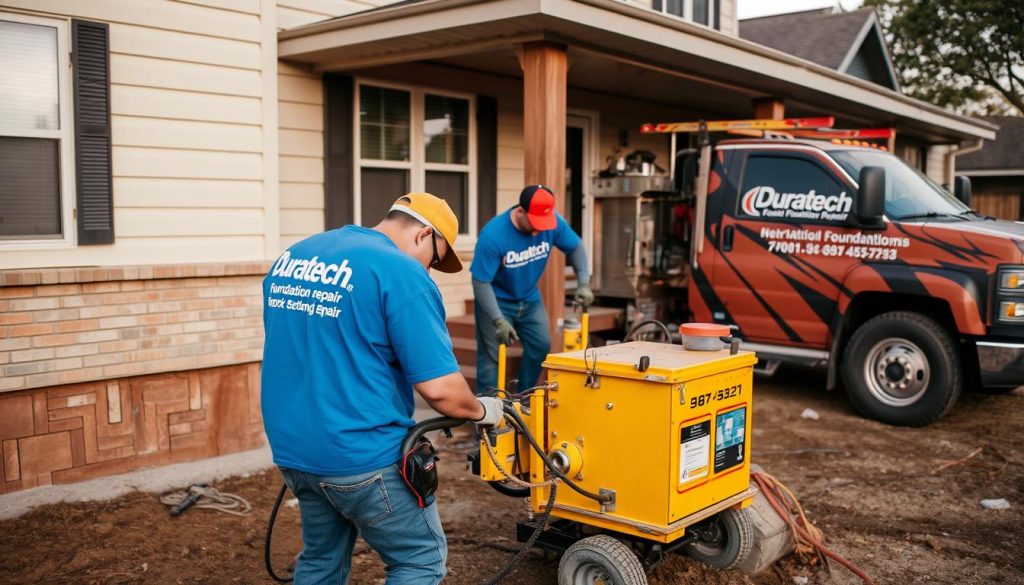 Duratech foundation repair team working on a Cleveland, TX home foundation