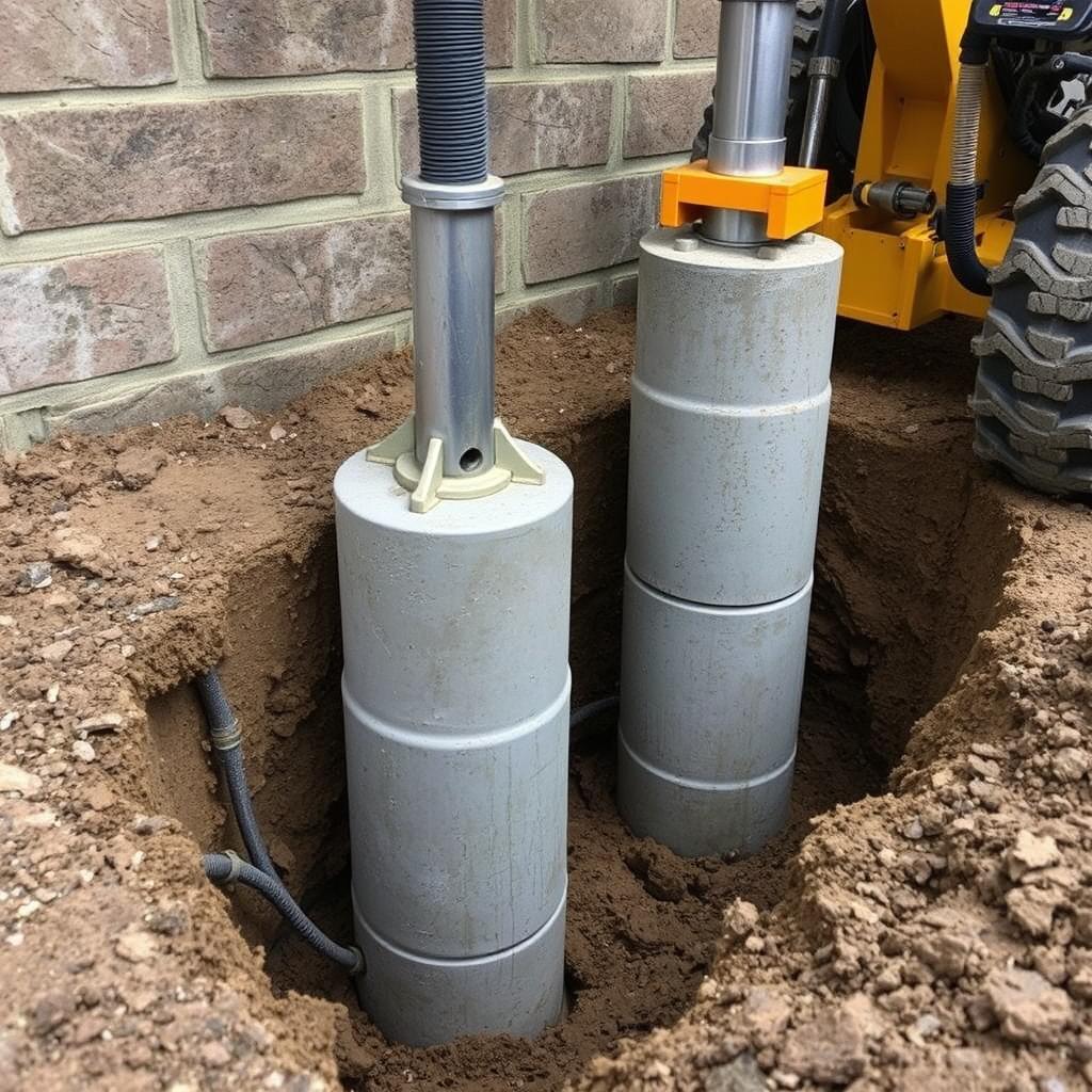 Pressed concrete pilings being installed for Bellaire foundation repair