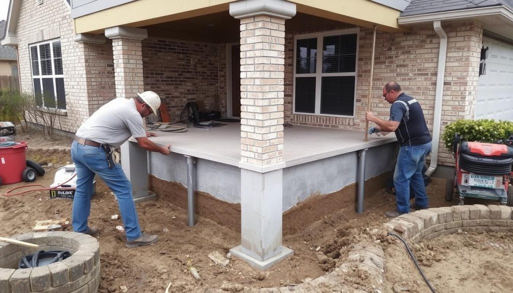 Professional foundation repair in progress at a Bellaire home
