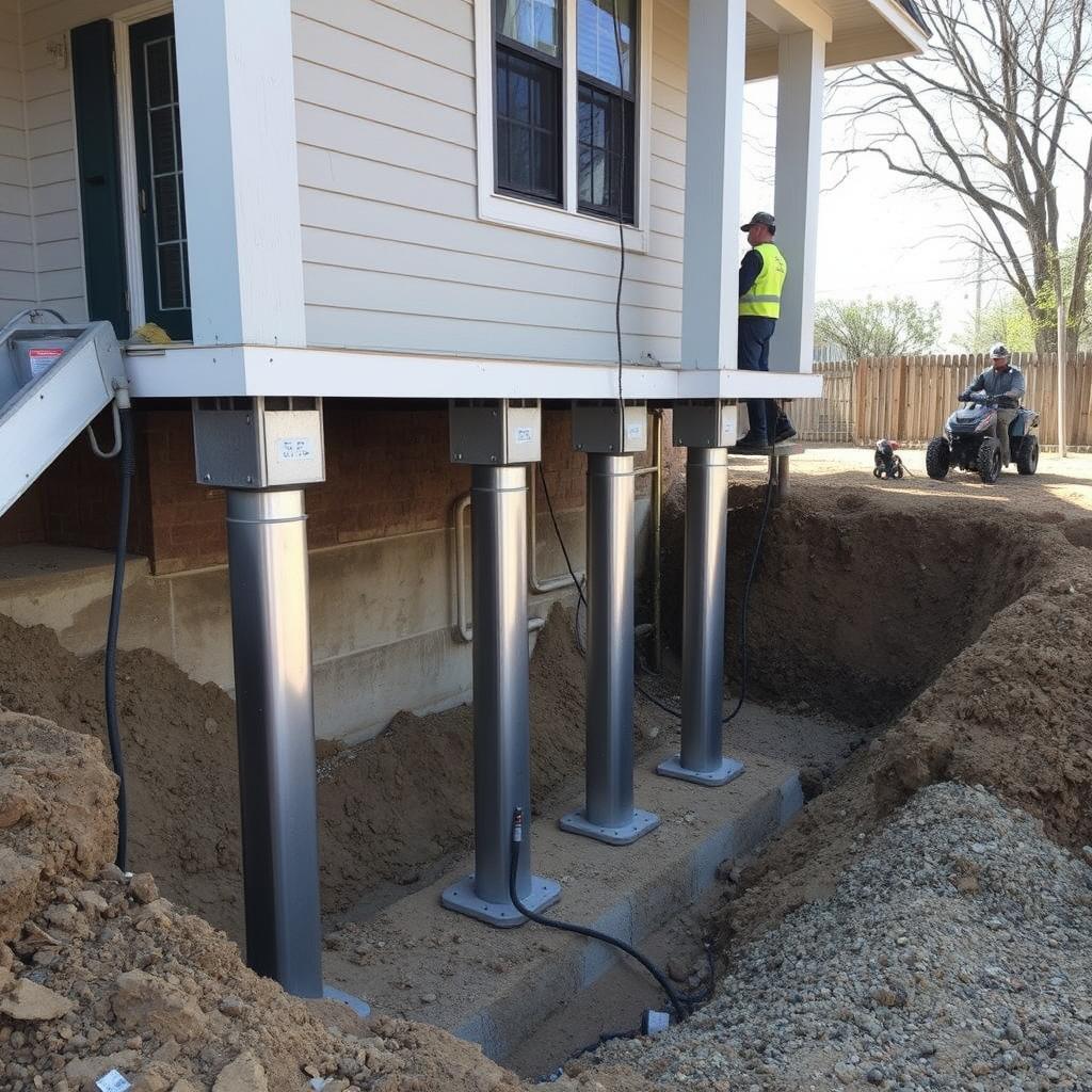 Steel piers being installed to stabilize a Bellaire home foundation