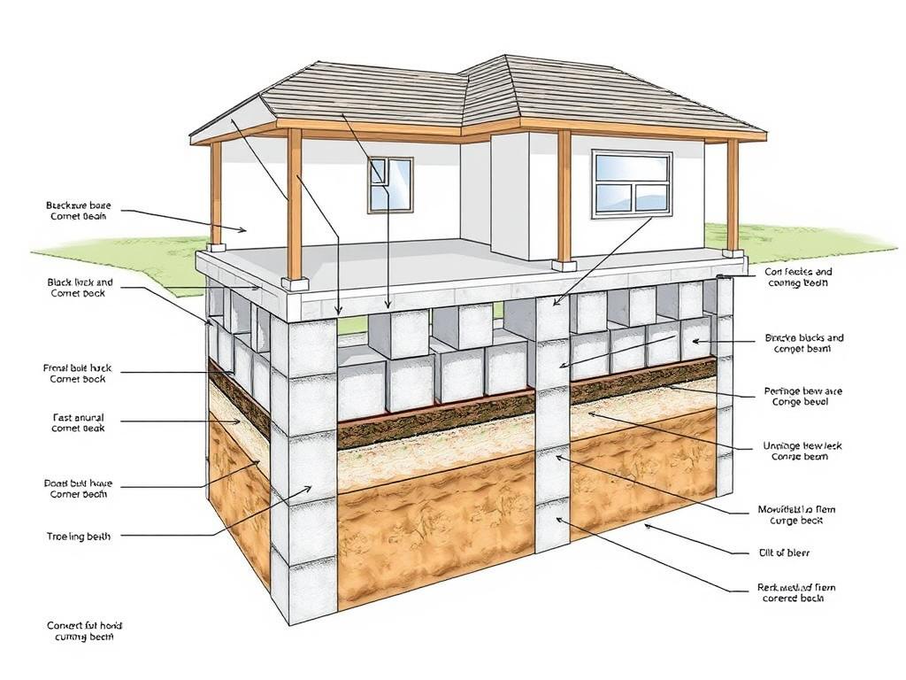 Block and base foundation system diagram showing key components