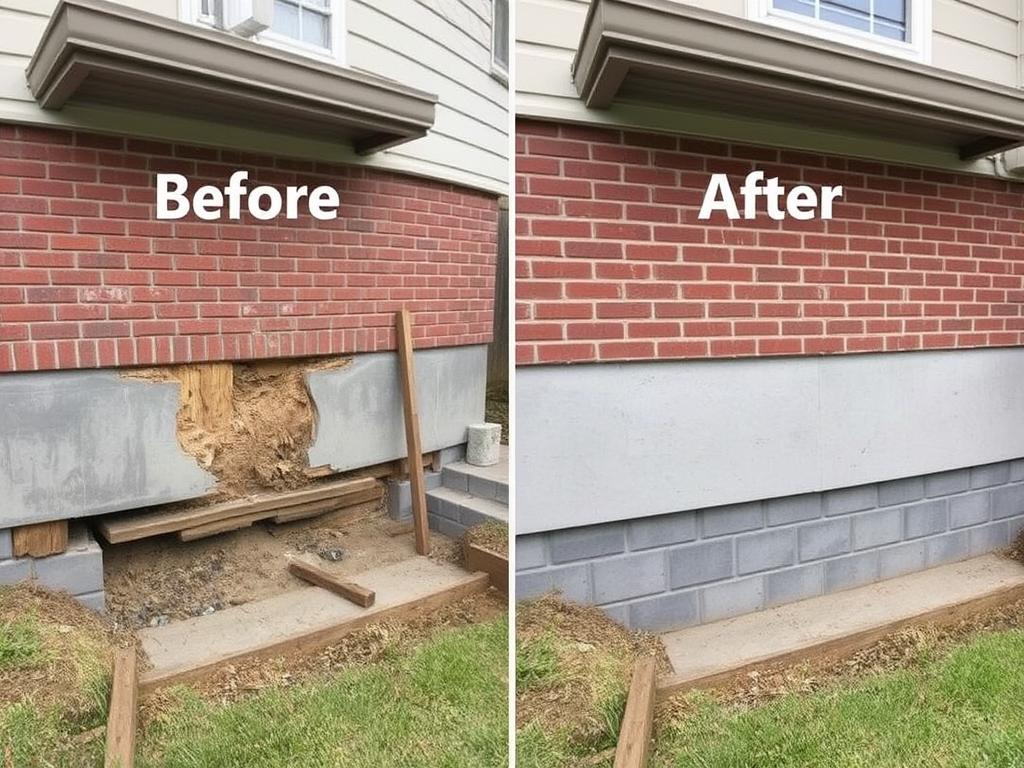 Completed block and base foundation repair showing improved home stability