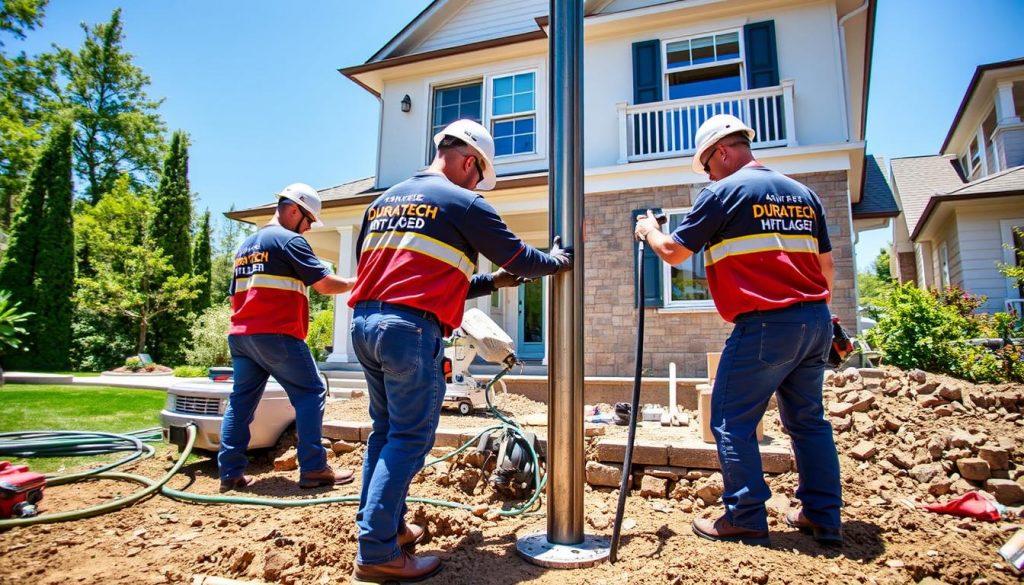 Duratech foundation repair specialists installing steel piers at a Bunker Hill Village home