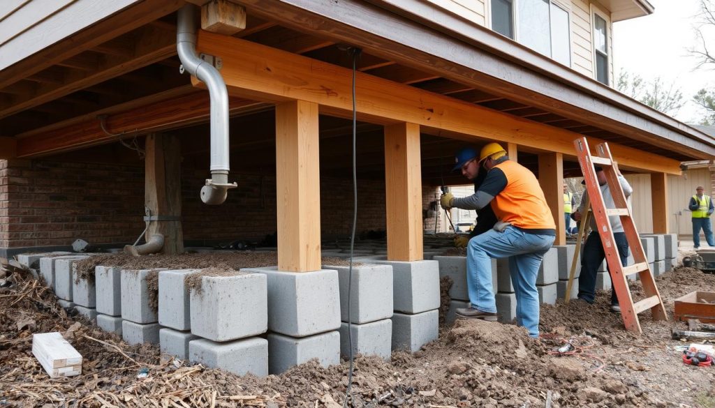 Professional Block & Base Foundation Repair in progress in Houston home