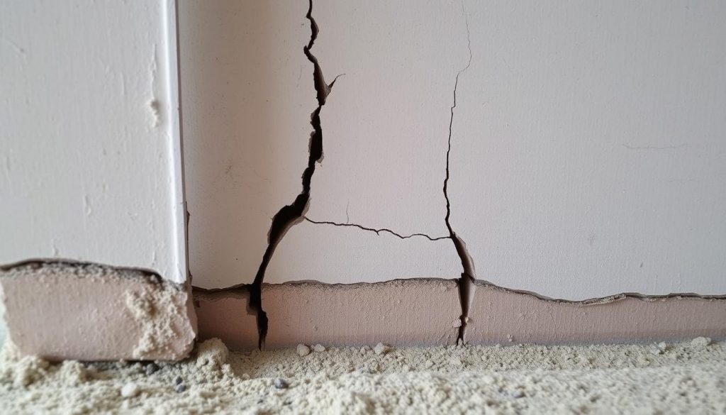 Cracked foundation wall in a Baytown home showing typical foundation damage
