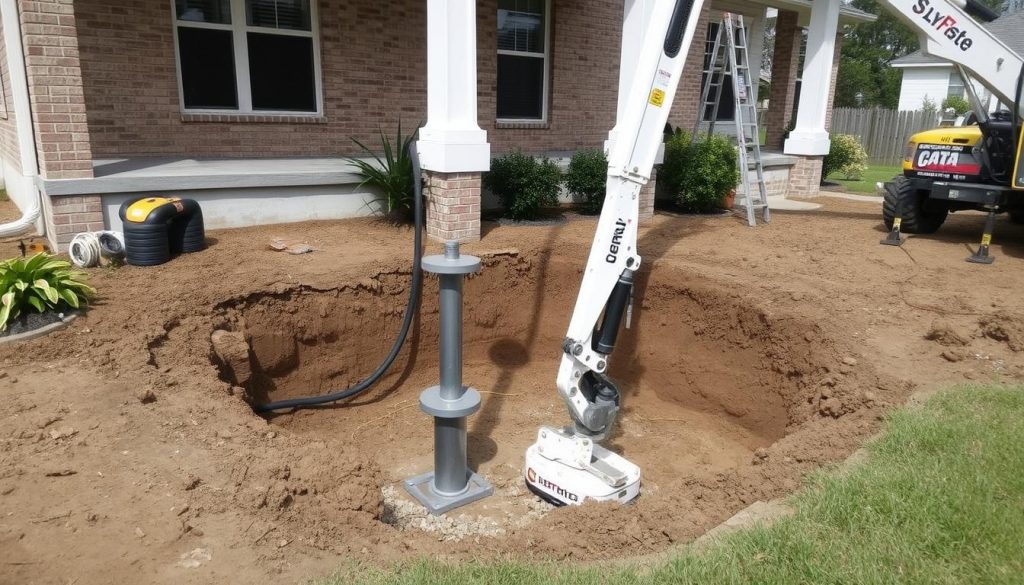 Foundation pier installation process in a Baytown home