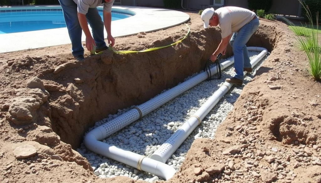 Drainage system installation for swimming pool leveling maintenance Drainage system installation for swimming pool leveling maintenance